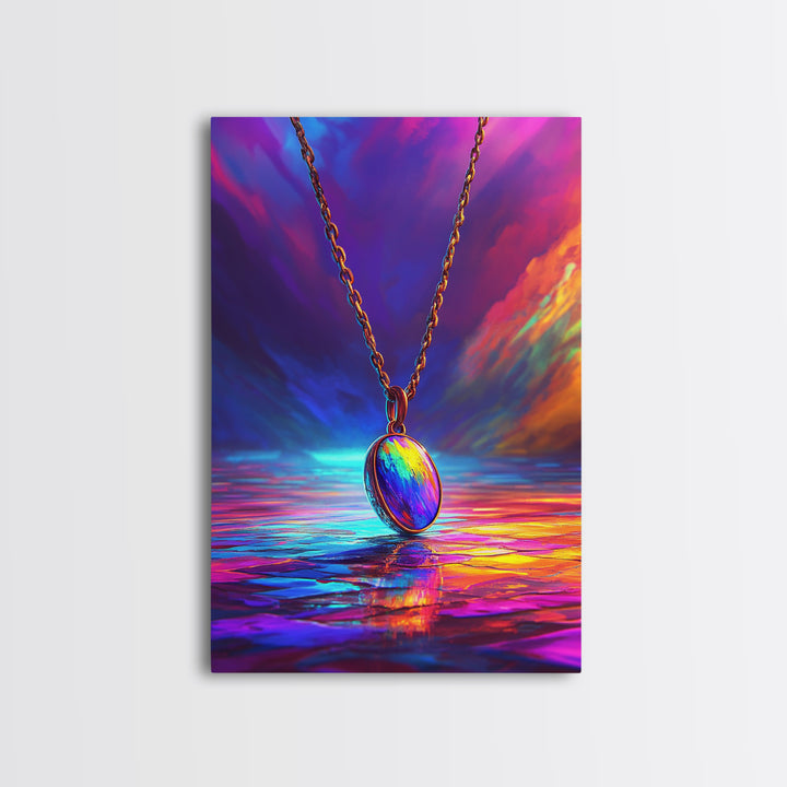 Rainbow Pendant Necklace Over Sunset Sea Framed Canvas Print, Colorful Wall Art, Jewelry Lover Gift, Romantic Ocean Decor