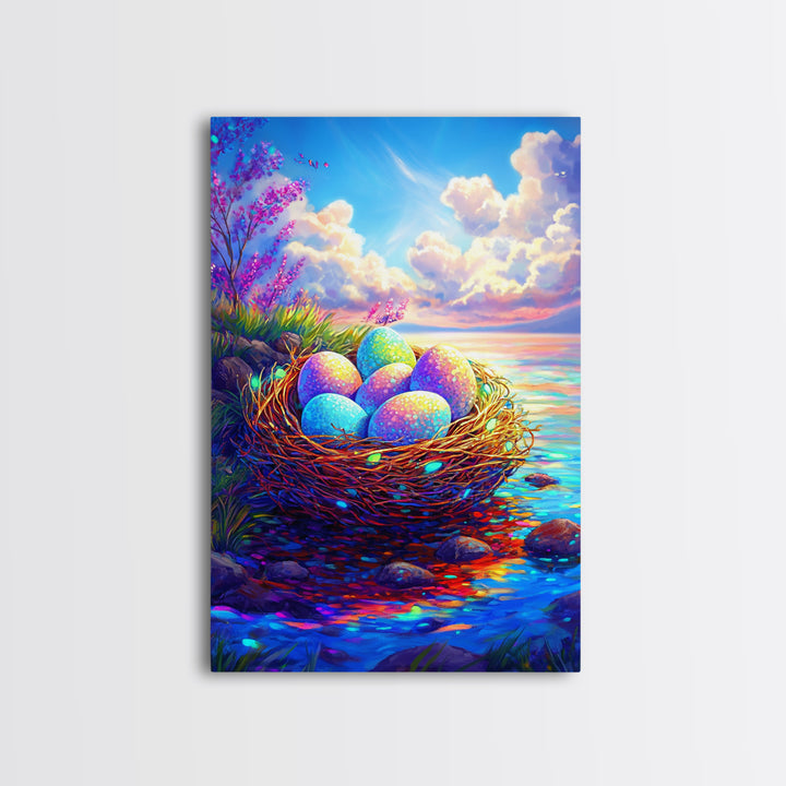 Pastel Eggs In Seaside Nest Wall Art, Colorful Coastal Canvas Print, Easter Nursery Decor, Whimsical Housewarming Gift