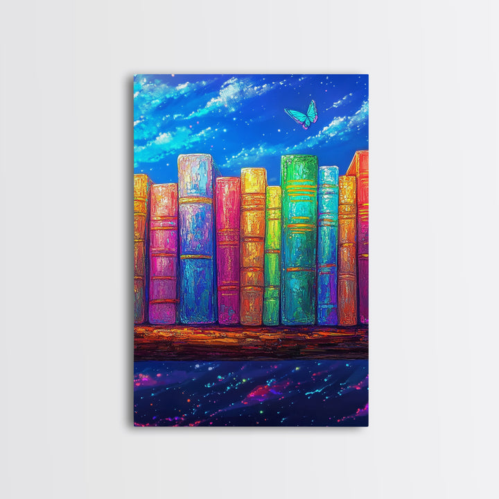 Rainbow Books Under Starry Sky Wall Art, Colorful Library Canvas Print, Book Lover Gift, Reading Nook Home Office Decor Print