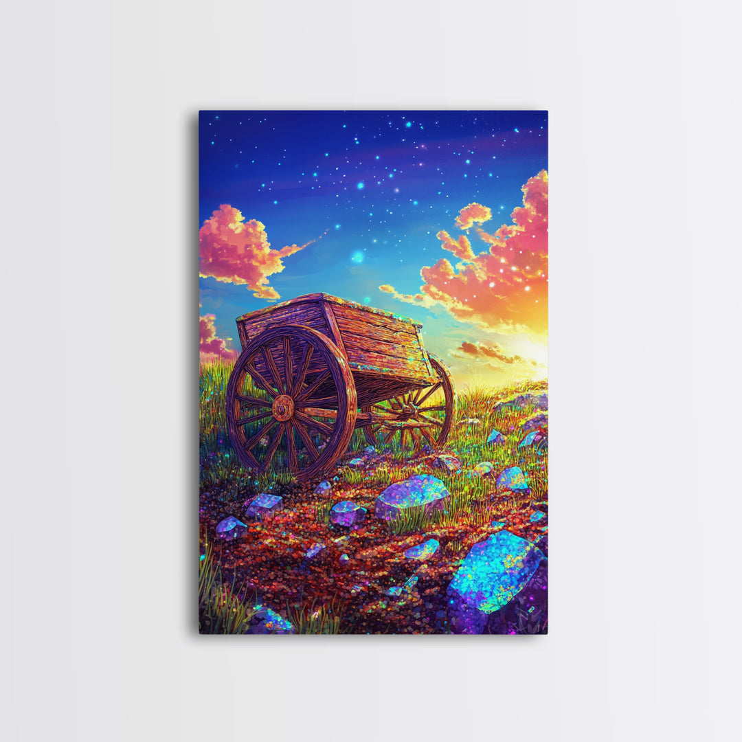 Rustic Wooden Wagon In Starry Meadow Wall Art, Colorful Country Landscape Canvas Print, Western Farmhouse Decor Housewarming Gift