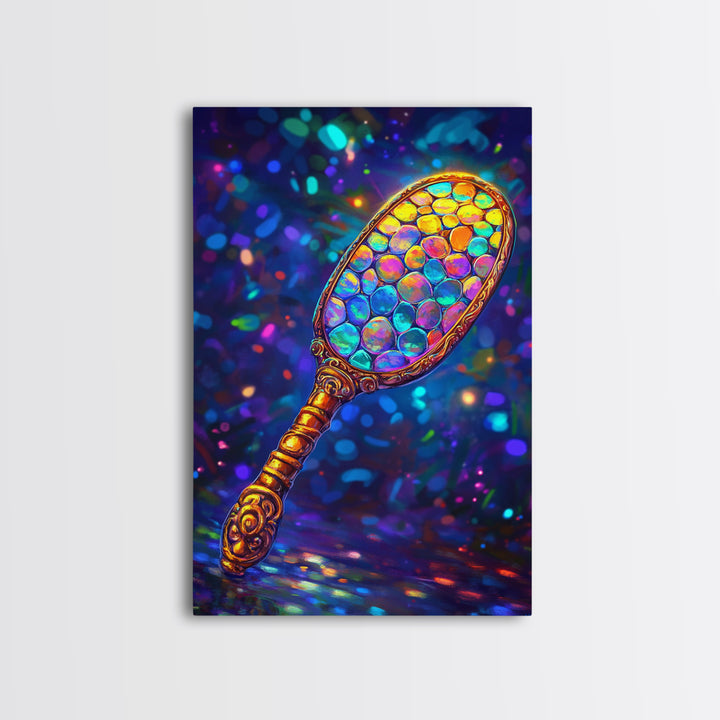 Iridescent Hand Mirror Wall Art, Rainbow Glass Painting, Maximalist Bathroom Decor, Dopamine Decor, Framed Canvas Print, Gift