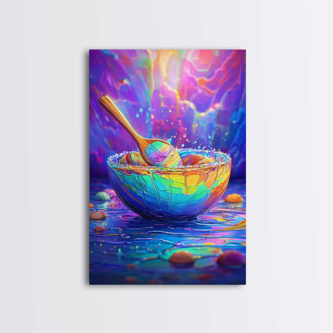 Rainbow Bowl And Spoon Canvas Print, Colorful Kitchen Still Life Painting, Dopamine Decor, Whimsical Wall Art, Foodie Gift