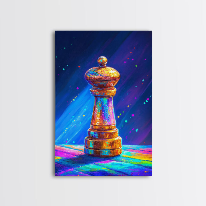 Glowing Rainbow Chess Piece Framed Canvas Print, Game Room Art, Masculine Office Decor, Modern Wall Art, Home Office Decor, Gift For Him