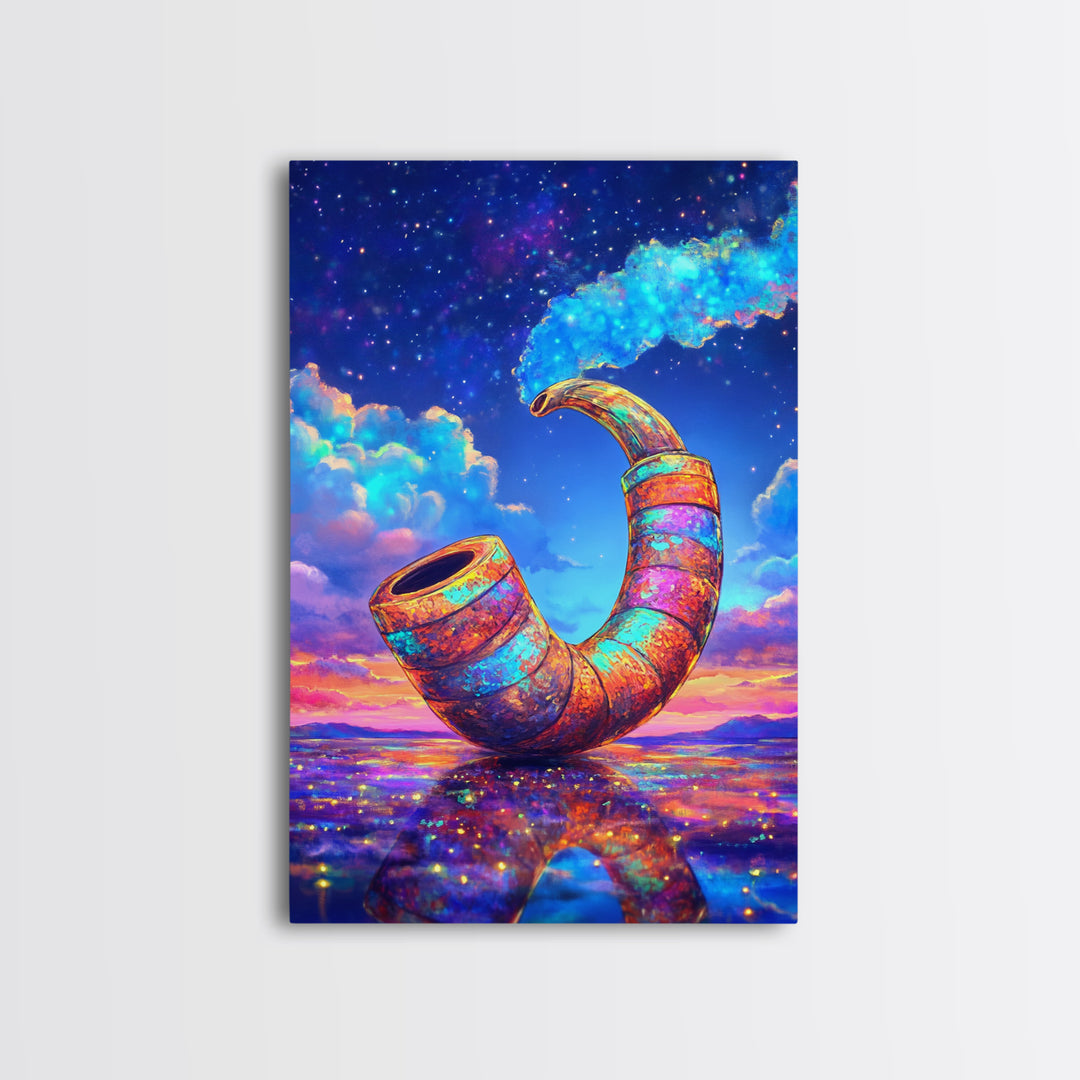 Cosmic Rainbow Smoking Pipe Framed Canvas Print, Surreal Wall Art, Psychedelic Space Decor, Colorful Statement Wall Art