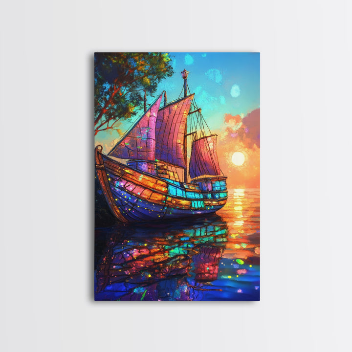 Stained Glass Sailboat At Sunset Canvas Print, Coastal Wall Art, Nautical Decor, Ocean Seascape Living Room Wall Art, Beach House Decor