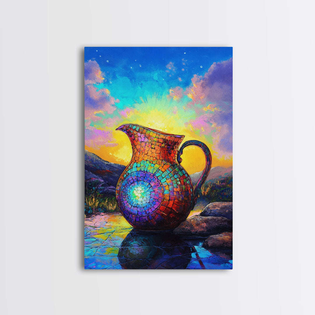 Mosaic Rainbow Pitcher At Sunrise Framed Canvas Print, Colorful Wall Art, Southwestern Decor, Mountain Landscape Painting