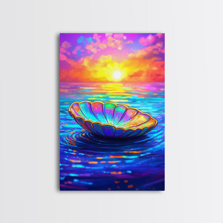 Iridescent Shell Bowl At Ocean Sunset Wall Art, Coastal Decor, Beach House Art, Colorful Seascape Canvas Print, Living Room Wall Art