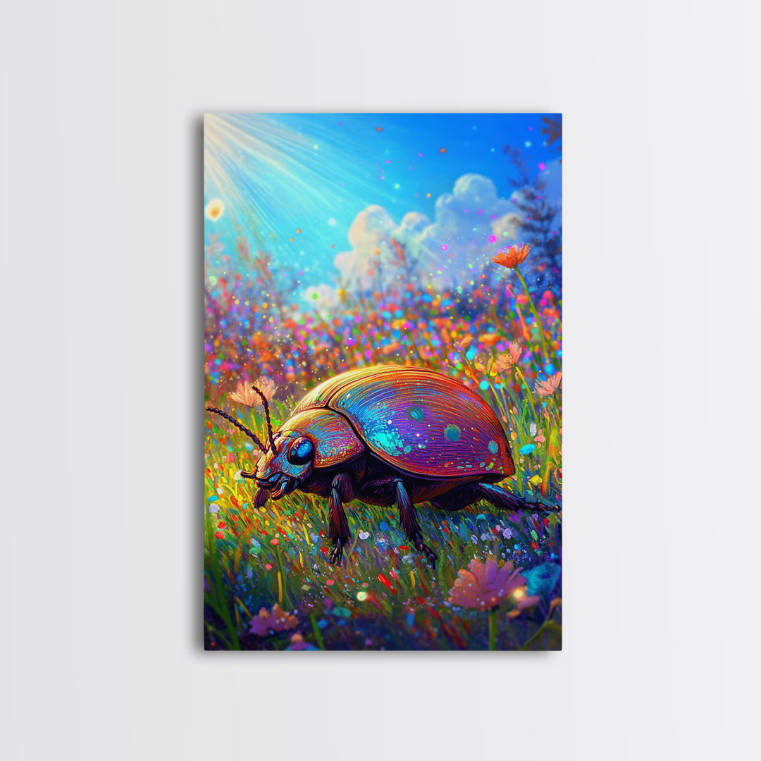 Rainbow Ladybug In Sunlit Wildflower Meadow Canvas Print, Whimsical Animal Art, Nature Wall Art, Bright Colorful Nursery Decor