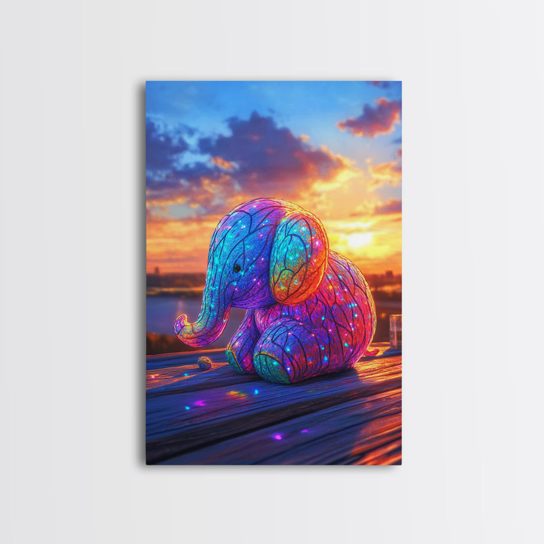 Glowing Rainbow Baby Elephant At Sunset Wall Art, Whimsical Animal Art, Nursery Wall Art, Colorful Kids Room Decor Cute Gift