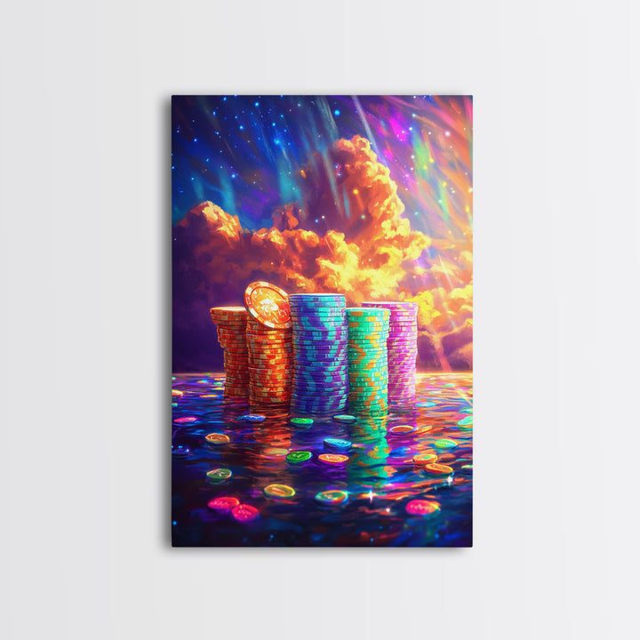 Glowing Crypto Coin Stacks Under Cosmic Sky Canvas Print, Bitcoin Art, Neon Wall Art, Gamer Room Decor, Gift For Him, Modern Art