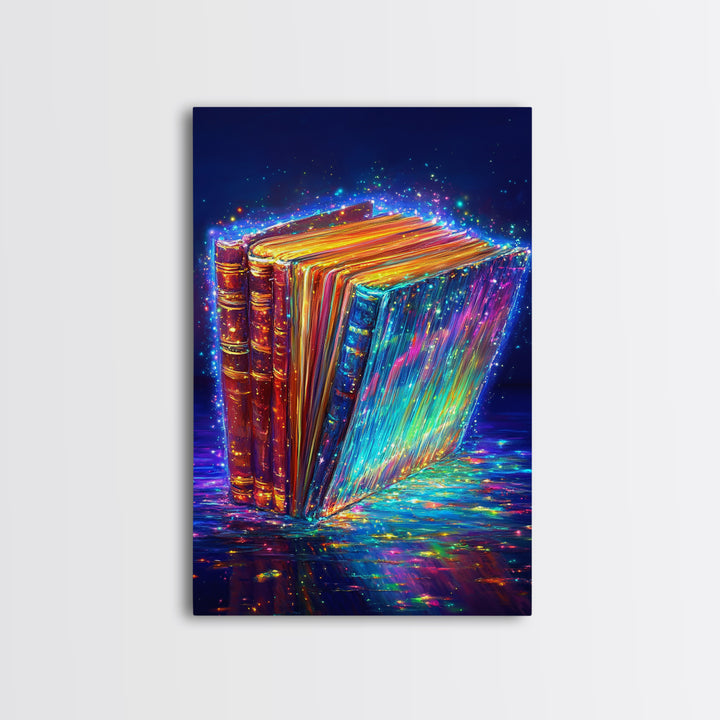 Glowing Rainbow Books With Sparkling Magic Wall Art, Library Decor, Book Lover Gift, Dark Academia, Fantasy Art Print, Home Decor