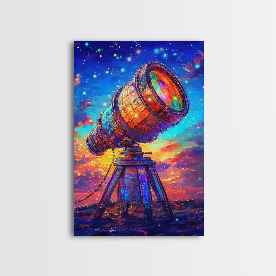 Rainbow Telescope Under Starry Sunset Sky Canvas Print, Astronomy Wall Art, Space Decor, Celestial Art, Gift For Him, Sci Fi Art