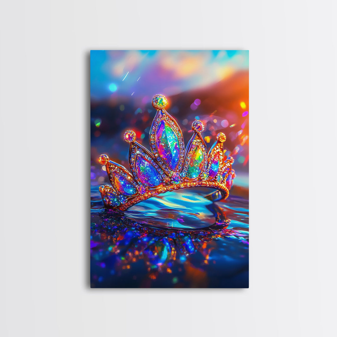 Sparkling Rainbow Tiara Crown On Water Canvas Print, Princess Wall Art, Girly Room Decor, Maximalist Wall Decor Gift For Her