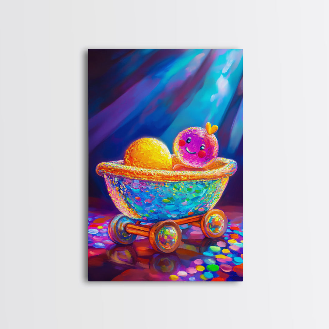 Whimsical Toy Wagon With Smiling Doll Canvas Print, Colorful Nursery Wall Art, Playroom Decor, Kids Room Art, Cute Gift Idea
