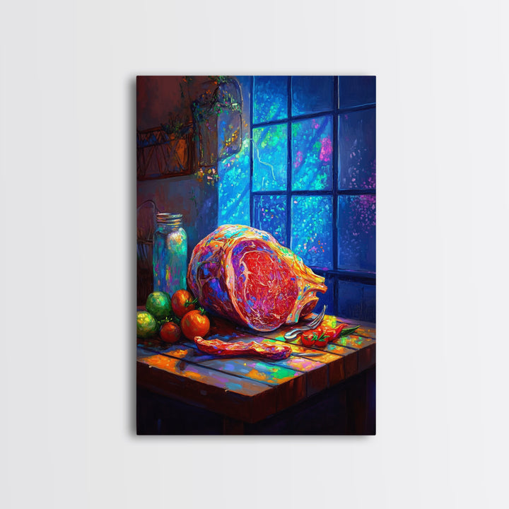 Rustic Ham Still Life By Blue Window Wall Art, Kitchen Canvas Print, Food Art, Farmhouse Decor, Dining Room Print, Housewarming Gift