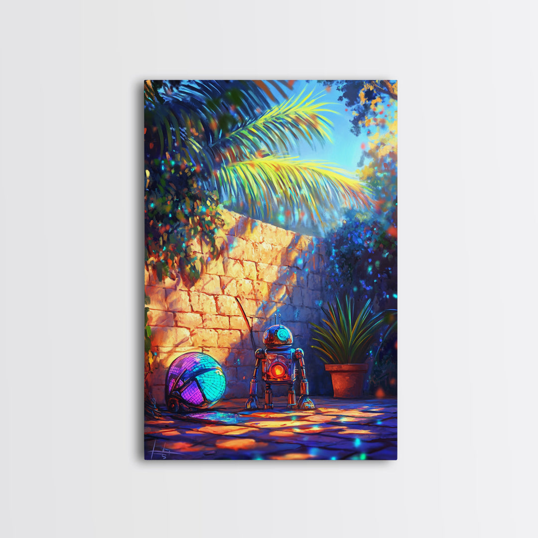 Tiny Robot With Yarn In Tropical Courtyard Canvas Print, Whimsical Sci Fi Wall Art, Futuristic Decor, Kids Room Art, Gift