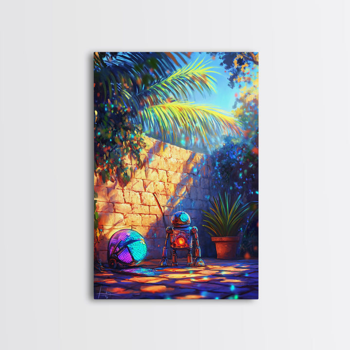 Tiny Robot With Yarn In Tropical Courtyard Canvas Print, Whimsical Sci Fi Wall Art, Futuristic Decor, Kids Room Art, Gift