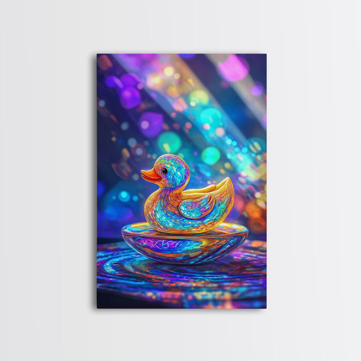 Glowing Rainbow Rubber Duck Canvas Print, Whimsical Animal Wall Art, Cute Bathroom Decor For Kids Room And Nursery Gift