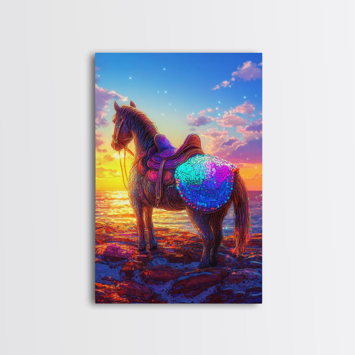 Sunset Horse On Beach Framed Canvas Print, Western Wall Art, Coastal Cowgirl Decor, Equestrian Gift For Horse Lover, Living Room Decor