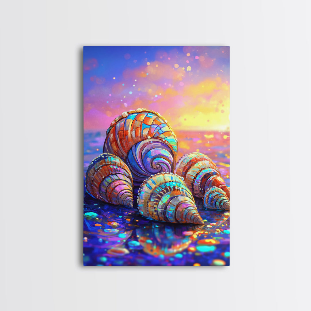 Rainbow Seashells On Sunset Shore Canvas Print, Coastal Wall Art, Beach House Decor, Ocean Wall Decor, Summer Gift For Her