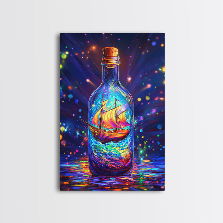 Glowing Ship In A Bottle Framed Canvas Print, Nautical Wall Art, Fantasy Ocean Decor, Coastal Gift For Him Or Her, Statement Artwork