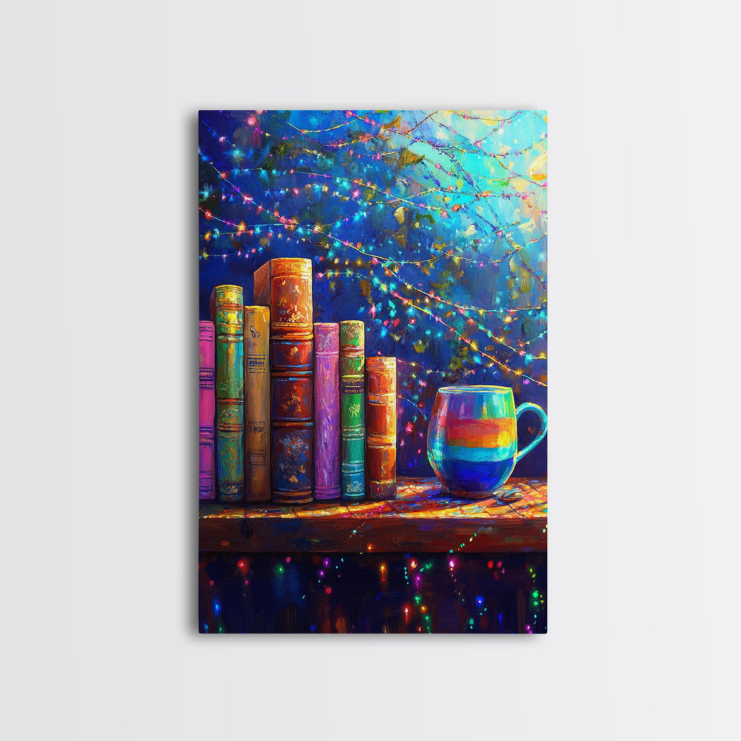 Cozy Books And Rainbow Mug Wall Art, Bookish Library Canvas Print, Reading Nook Decor, Gift For Book Lover, Cozy Home Decor