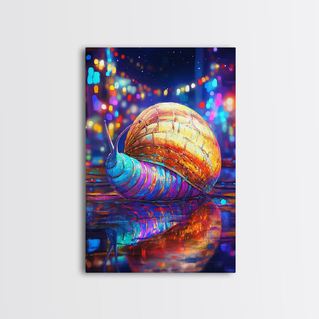 Neon Snail On Rainy Street Wall Art, Whimsical Animal Canvas Print, Cyberpunk City Decor, Funny Gift For Animal Lover, Vibrant Wall Decor