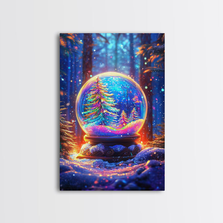 Glowing Winter Forest Snow Globe Framed Canvas Print, Christmas Wall Art, Cozy Holiday Decor, Magical Nature Gift, Living Room Decor