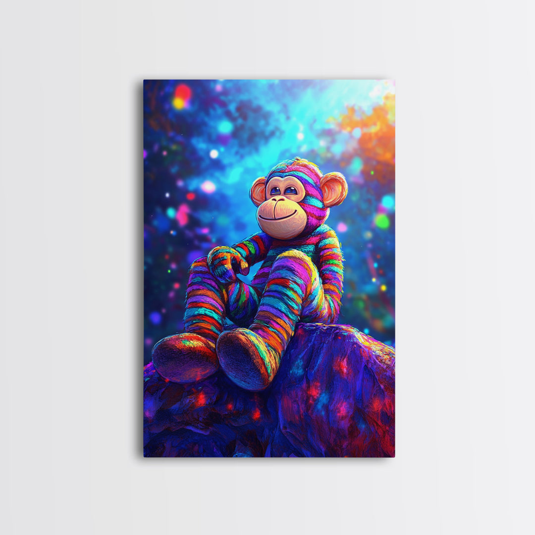 Rainbow Sock Monkey On Rock Wall Art, Whimsical Animal Canvas Print, Cute Nursery Decor, Kids Room Decor, Playroom Wall Decor