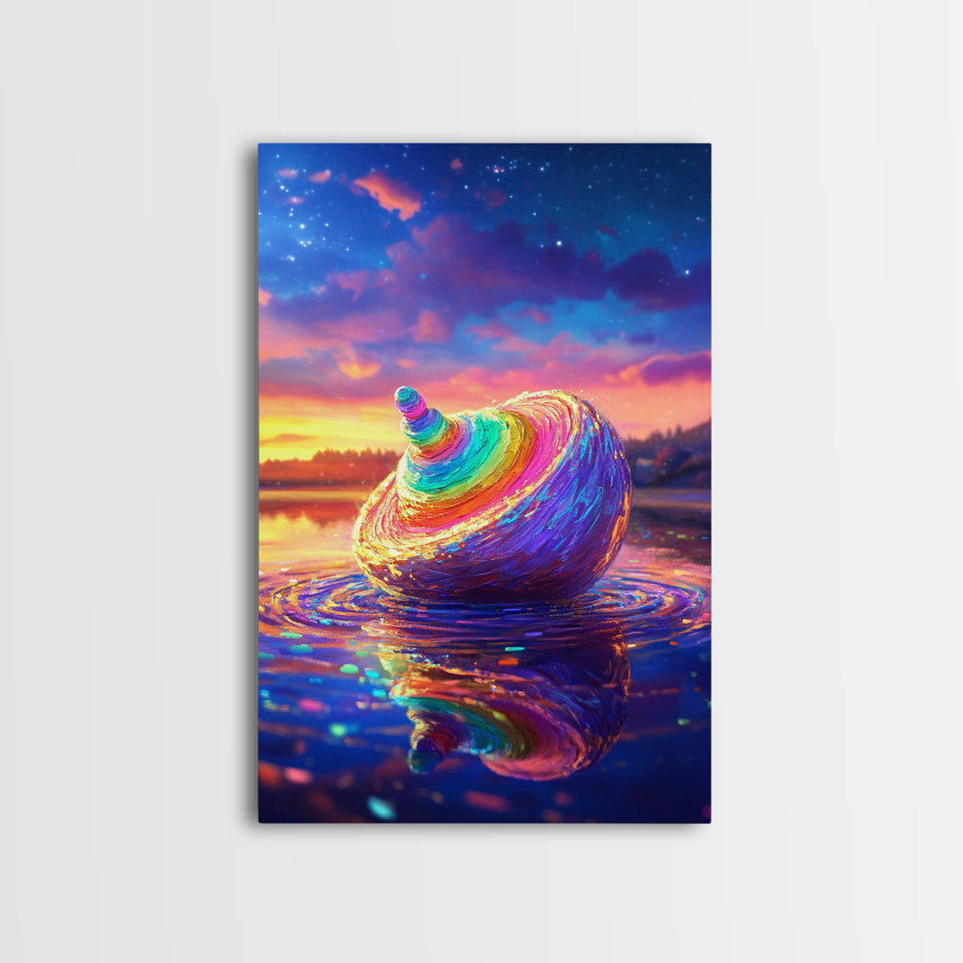 Rainbow Seashell At Sunset On Reflective Water Canvas Print, Coastal Wall Art, Beach House Decor, Ocean Art, Gift For Her