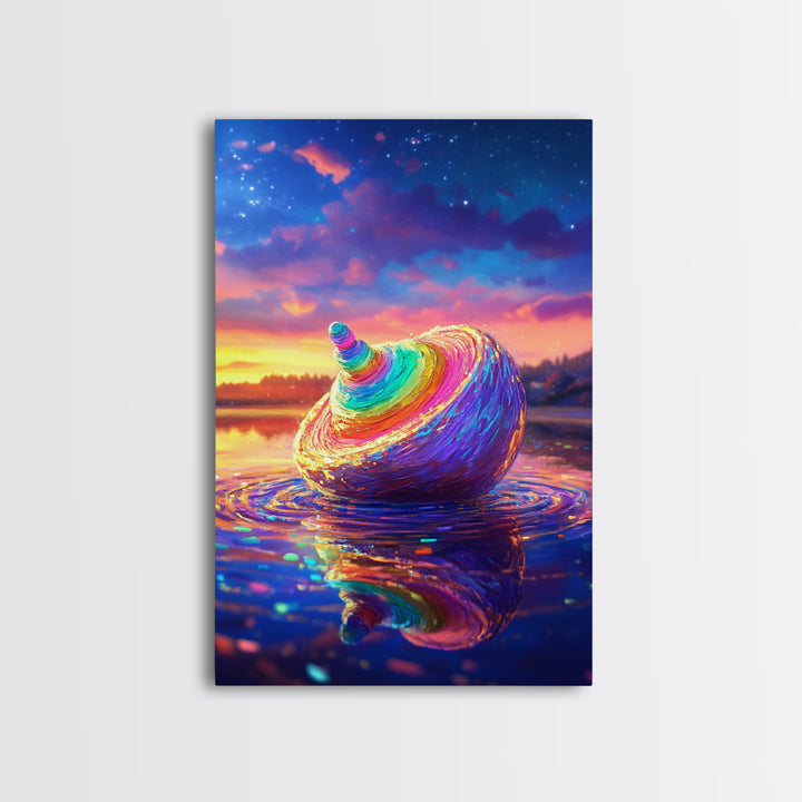 Rainbow Seashell At Sunset On Reflective Water Canvas Print, Coastal Wall Art, Beach House Decor, Ocean Art, Gift For Her