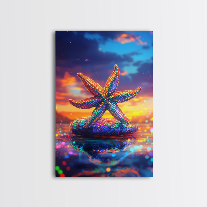 Beaded Rainbow Starfish On Shell At Sunset Canvas Print, Coastal Wall Art, Ocean Decor, Beach House Art, Gift For Her, Summer Decor