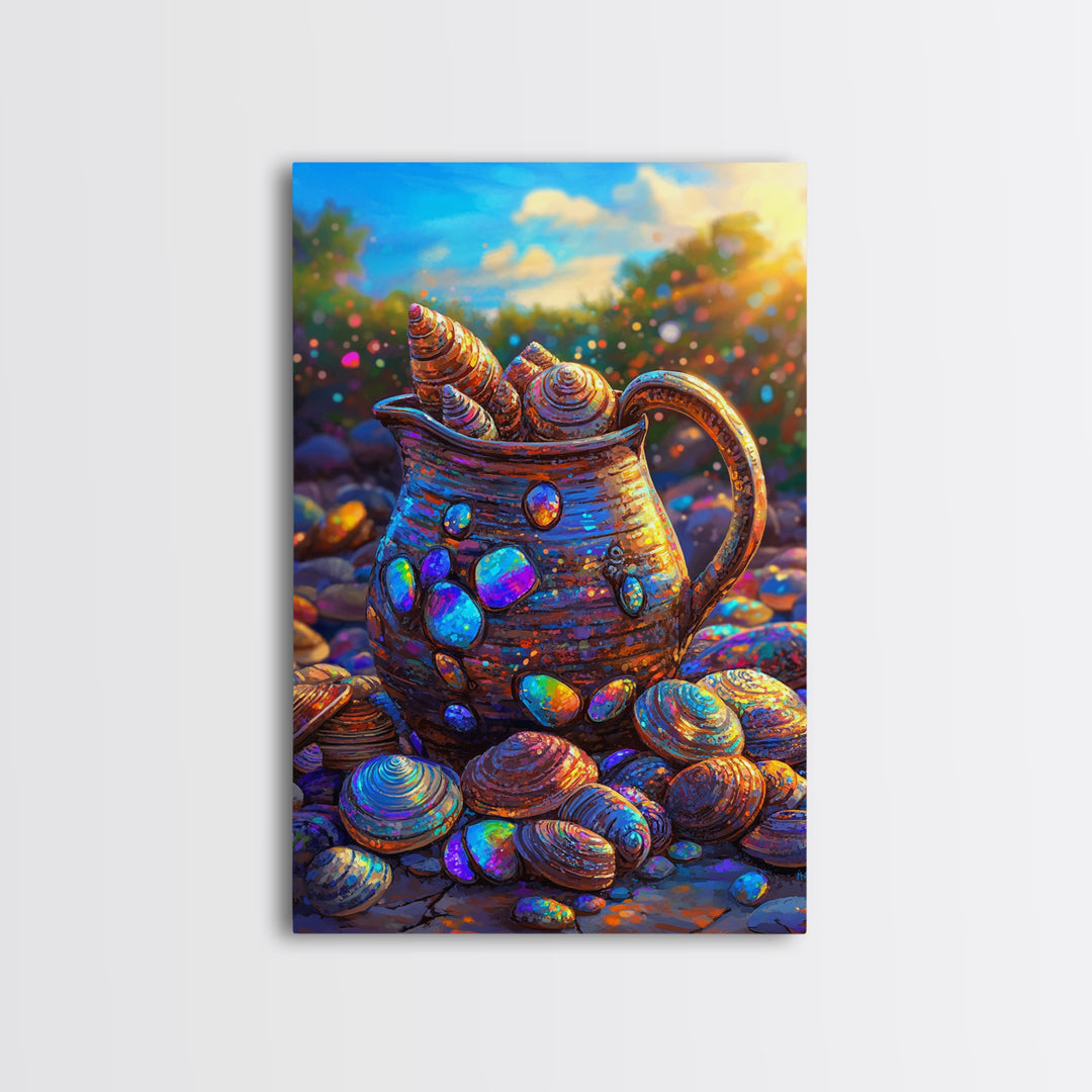 Iridescent Seashell Pitcher On Pebble Shore Wall Art, Coastal Canvas Print, Beach House Decor, Nautical Art For Living Room