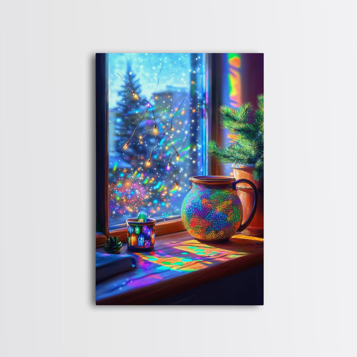 Cozy Winter Window Mug With Twinkle Lights Canvas Print, Christmas Wall Art, Colorful Home Decor, Holiday Kitchen Art Print