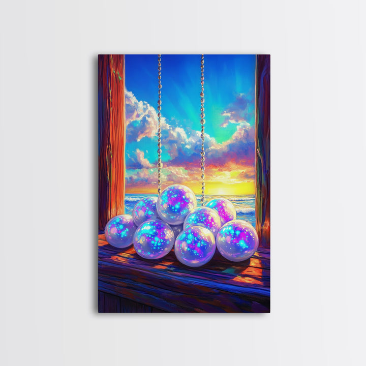 Glowing Pearl Swing At Ocean Sunset Wall Art, Coastal Canvas Print, Whimsical Beach Decor, Dreamy Seascape Art Print For Bedroom Decor