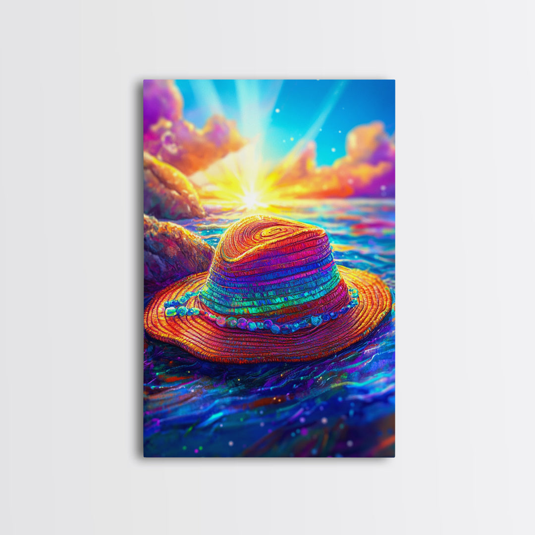 Vibrant Straw Hat Floating On Ocean Sunset Canvas Print, Tropical Beach Wall Art, Coastal Decor, Summer Vacation Gift For Her