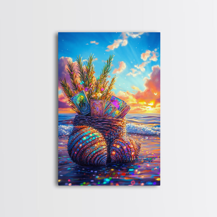 Seashell Basket With Tarot Cards At Sunset Framed Canvas Print, Coastal Wall Art, Beach House Decor, Boho Gift For Her Art