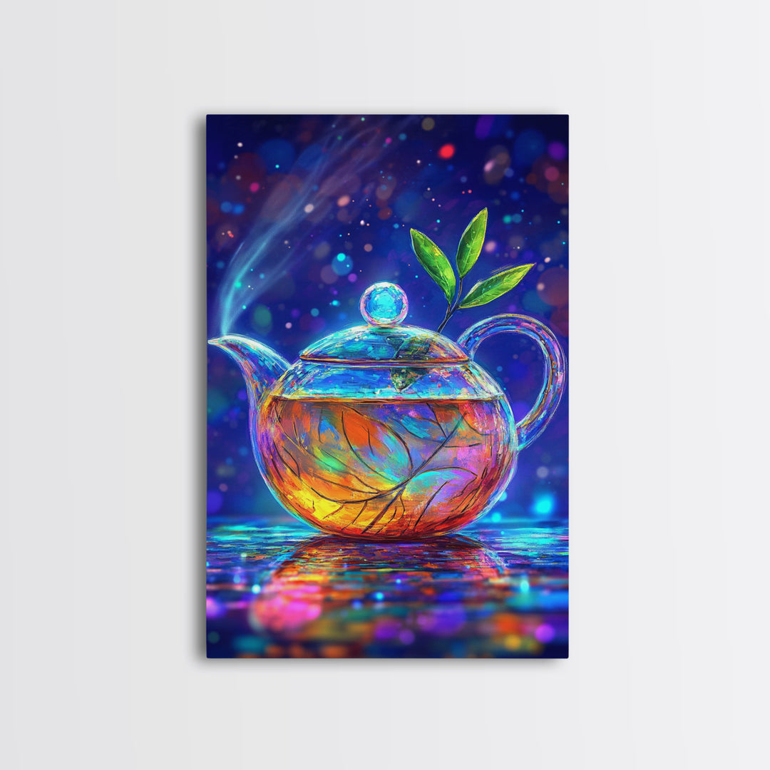 Glowing Glass Teapot With Green Leaves Canvas Print, Whimsical Kitchen Wall Art, Colorful Tea Lover Gift, Home Decor Art