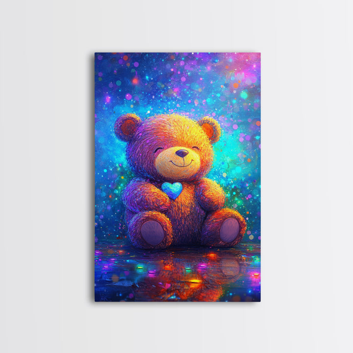 Smiling Teddy Bear With Blue Heart Wall Art, Colorful Nursery Decor, Cute Animal Art, Kids Room Canvas Print, Baby Gift Art