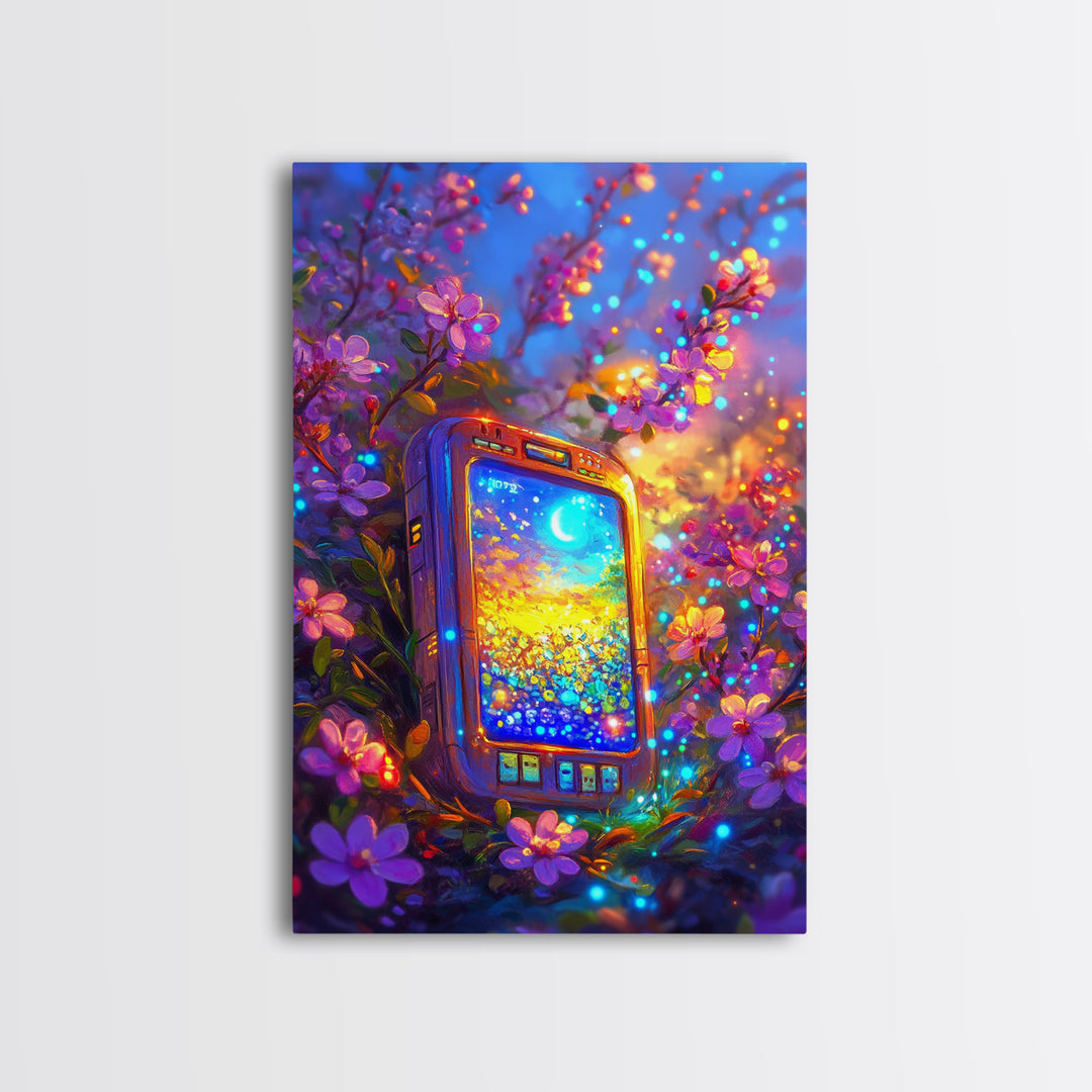 Glowing Phone Among Cherry Blossoms And Moon Wall Art, Celestial Floral Fantasy Canvas Print, Whimsical Nursery Decor Gift