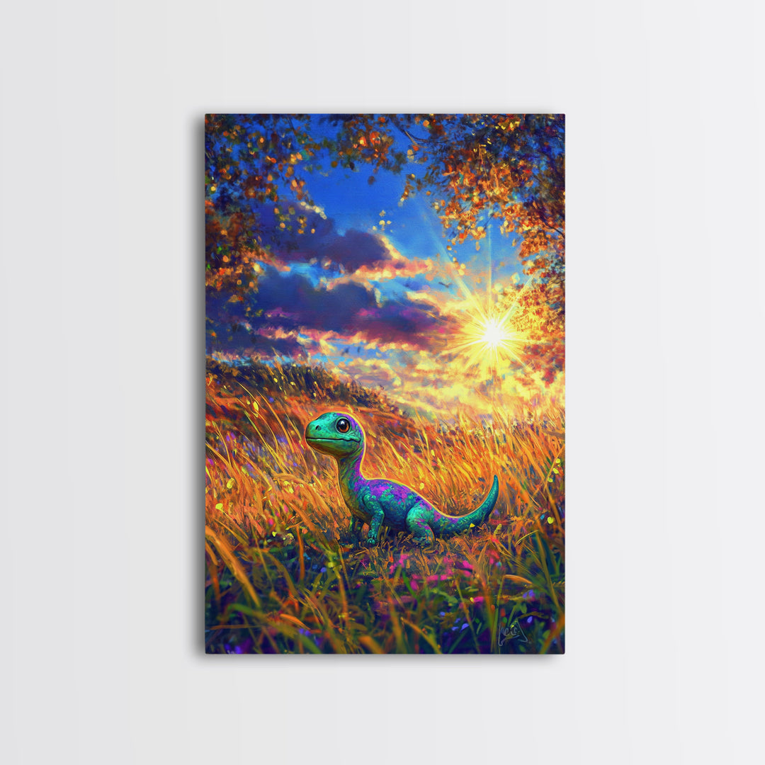 Cute Baby Dinosaur In Golden Meadow Wall Art, Colorful Safari Nursery Canvas Print, Whimsical Kids Room Decor, Unique Gift