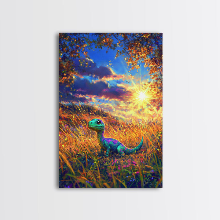 Cute Baby Dinosaur In Golden Meadow Wall Art, Colorful Safari Nursery Canvas Print, Whimsical Kids Room Decor, Unique Gift