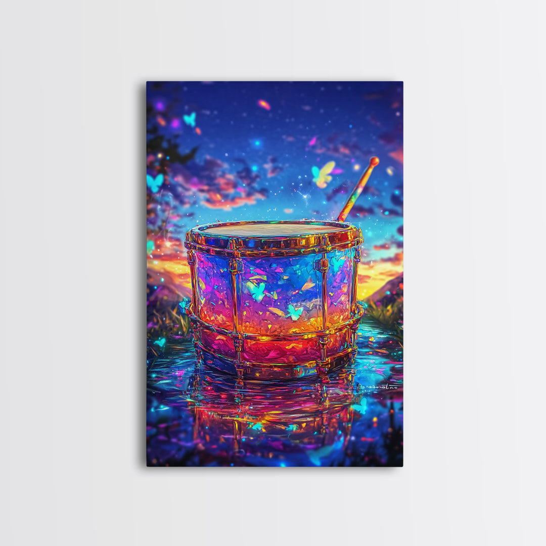 Glowing Drum With Butterflies At Sunset Wall Art, Colorful Music Studio Room Decor, Whimsical Canvas Print, Music Lover Gift