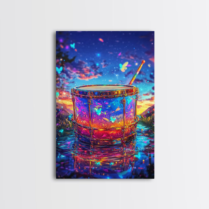 Glowing Drum With Butterflies At Sunset Wall Art, Colorful Music Studio Room Decor, Whimsical Canvas Print, Music Lover Gift