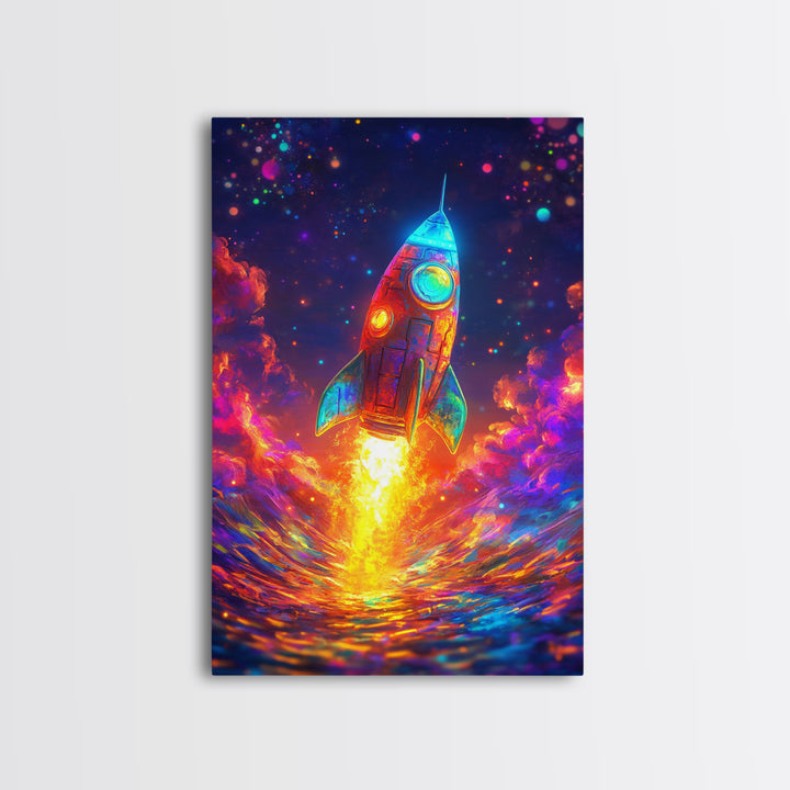 Neon Rocket Launch Over Ocean Wall Art, Colorful Space Decor, Sci Fi Art Print, Futuristic Nursery And Kids Game Room Gift