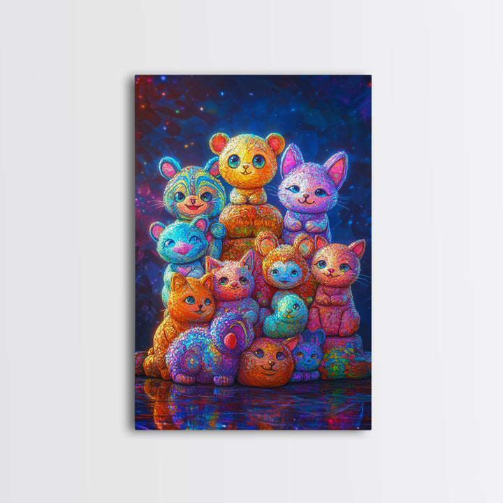 Colorful Plush Animal Friends And Kittens Wall Art, Whimsical Animal Art, Nursery Wall Art, Playroom Decor, Cute Kids Print