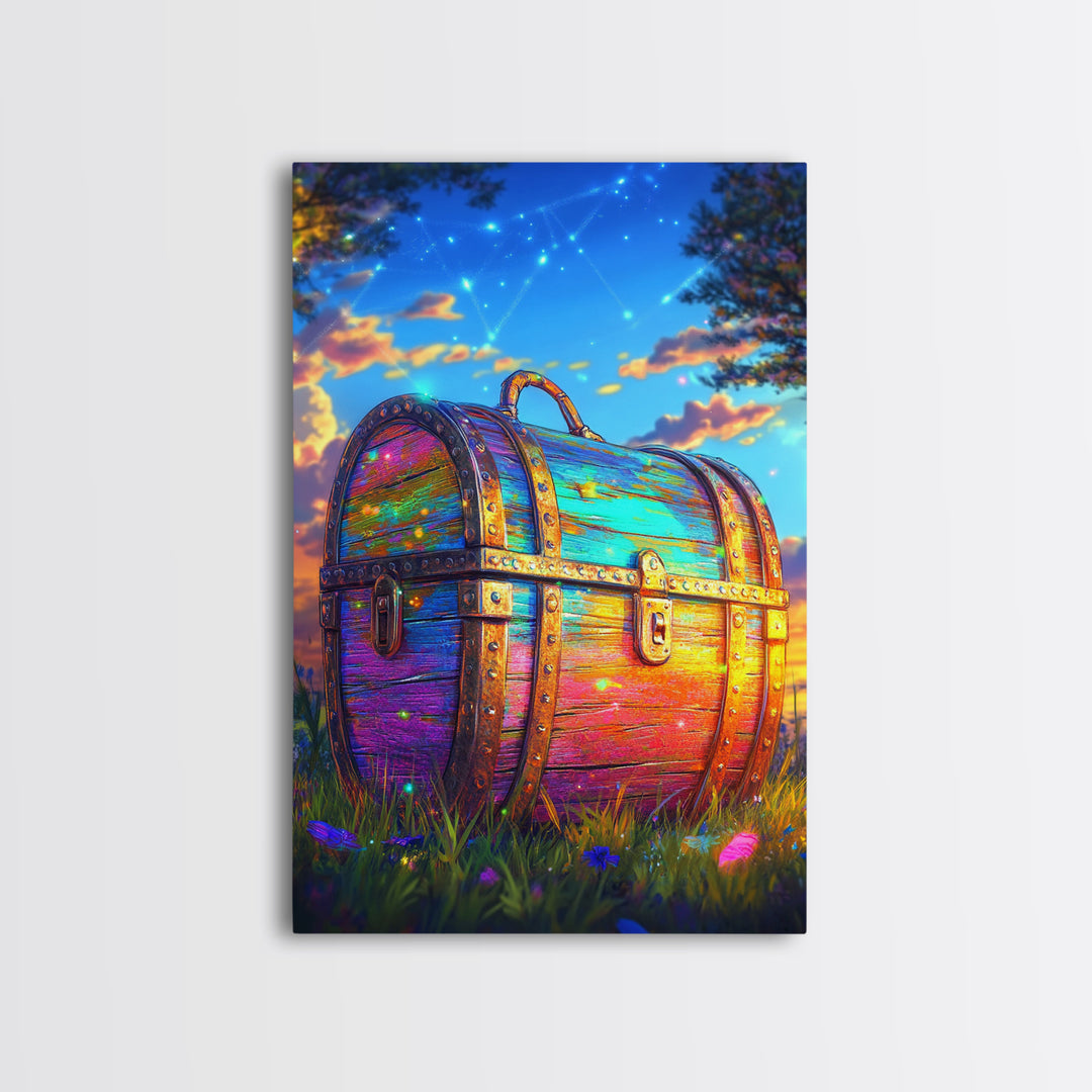 Rainbow Treasure Chest In Meadow At Sunset Framed Canvas Print, Fantasy Wall Art, Whimsical Decor, Celestial Kids Room Art