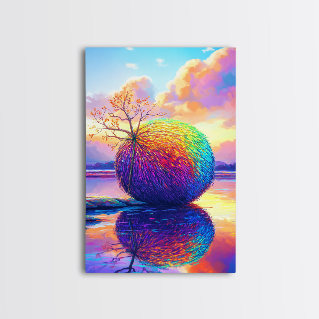 Rainbow Sphere Tree Beside Reflective Lake Wall Art, Surreal Landscape Art, Colorful Nature Decor, Modern Canvas Wall Art