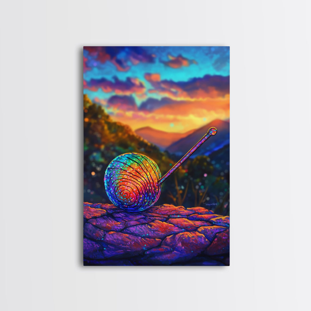 Rainbow Snail On Mountain Stone Canvas Print, Whimsical Animal Art, Colorful Nature Decor, Fantasy Living Room Wall Art Gift