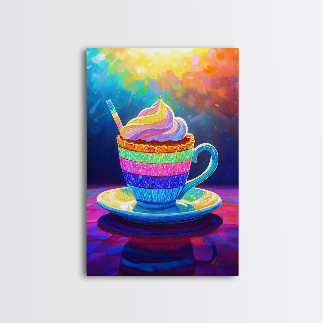 Rainbow Cupcake In Teacup Kitchen Wall Art, Whimsical Dessert Art Print, Colorful Bakery Decor, Cute Cafe Canvas Print Gift